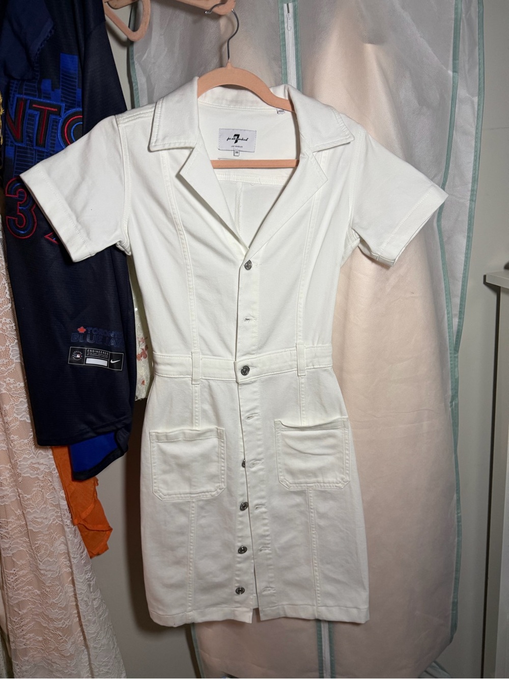 Button-Front White Midi Shirt Dress with Patch Pockets
